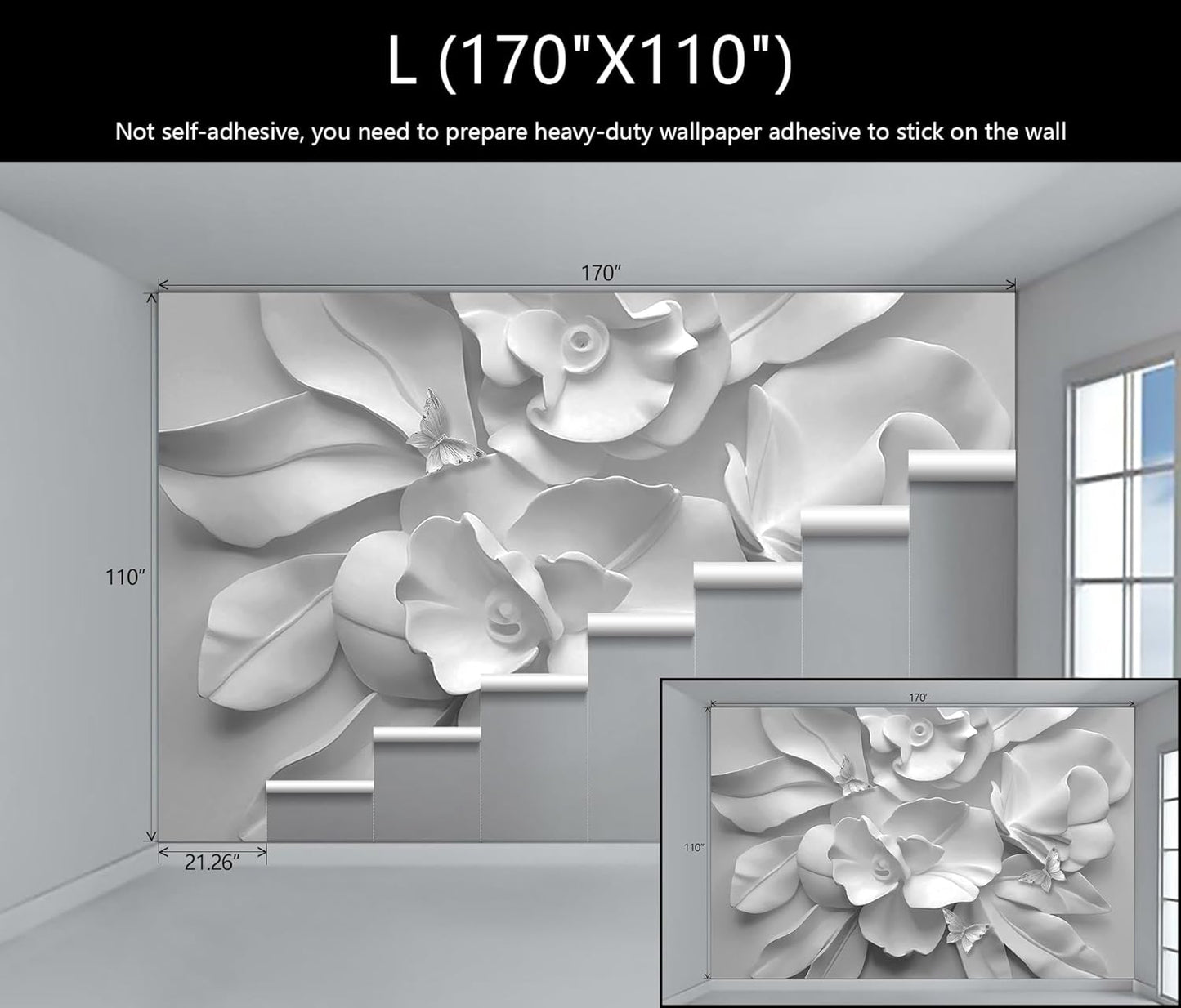 WFBHUA-3d Gray Floral Wallpaper Mural Black and White Embossed Peony Flowers Butterfly Wallpaper for Living Room Bedroom(Not Peel and Stick)