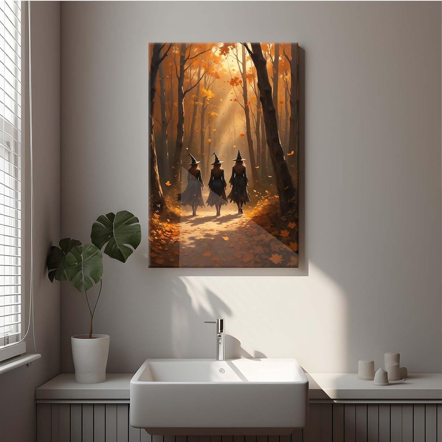 JFHCQJPK Three witches walking in the forest in autumn canvas painting gothic poster halloween print country witch wall art for home decoration32x48in Frameless