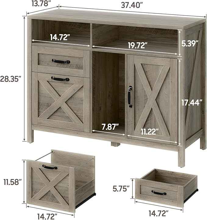 Vabches Lateral File Cabinet, Farmhouse 2 Drawer File Cabinet with Open Storage Shelf for Letter/Legal/A4 Size Hanging Files, Large Wood Storage Cabinets Printer Stand for Home Office, Rustic Grey