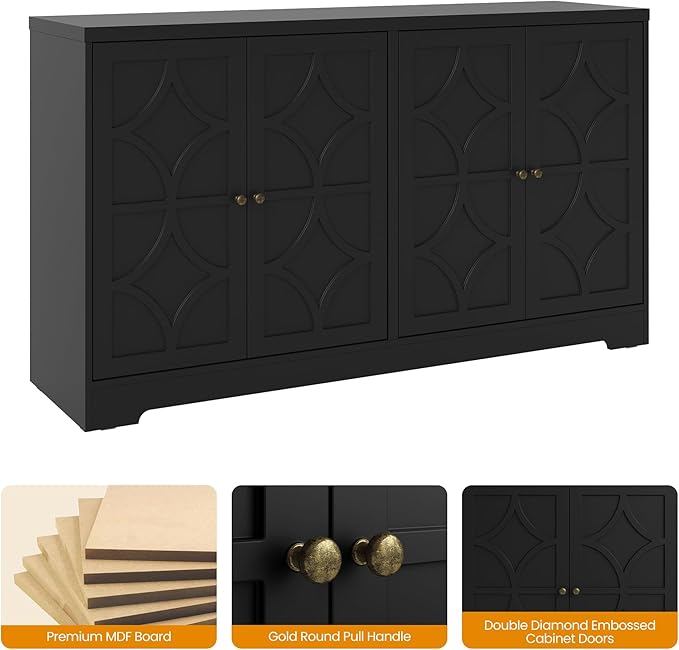 RoyalCraft Sideboard Buffet Cabinet, 56" Modern Credenza with 4 Doors and Adjustable Shelves, Wood Accent Cabinet Console Media for Entryway, Living Room, Kitchen, Satin Black