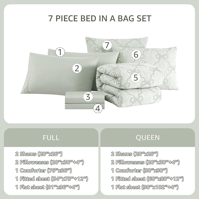 Queen Comforter Set with Sheets for Girls-7 Pieces Queen Bedding Sets with Light Green Comforter, Sheets, Pillowcases & Shams for Kids (Green Diamond, 90" X 90")