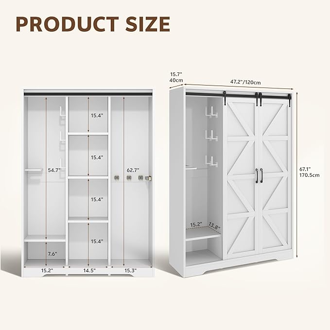 Broom Closet Storage Cabinet, 67" H Wooden Vacuum Storage Cabinet, Utility Closet with Sliding Door, Cleaning Tool Organizer with Shelf and 6 Pack Broom Holder, 67.1" H×47.2" W×15.7" D, White