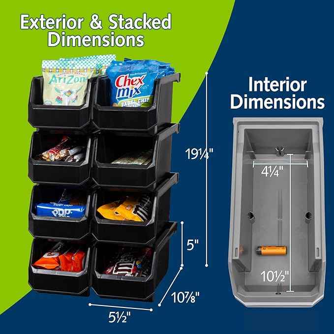 Plastic Containers for Organizing and Storage Bins for Closet, Kitchen, Office, Garage or Pantry Organization, Stackable Bins, Medium (11" x 5" x 5.5"), 8-Pack, Black