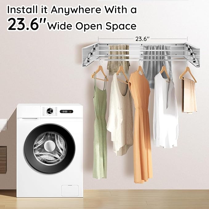 Laundry Drying Rack Collapsible,Wall Mounted Clothes Drying Rack Foldable,Indoor Drying Rack Clothing- 23.6"" Wide 4 Aluminum Rods 60lb Capacity with Wall Template,Screw,Drill Bit