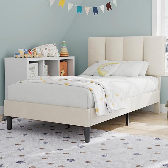 VECELO Twin Bed Frame with Upholstered Headboard, Heavy-Duty Platform Bedframe with Strong Wooden Slats Support, No Boxing Spring Needed, Pale Beige