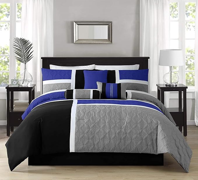 Chezmoi Collection Upland 7-Piece Quilted Patchwork Comforter Set, Blue/Black/Gray, Queen