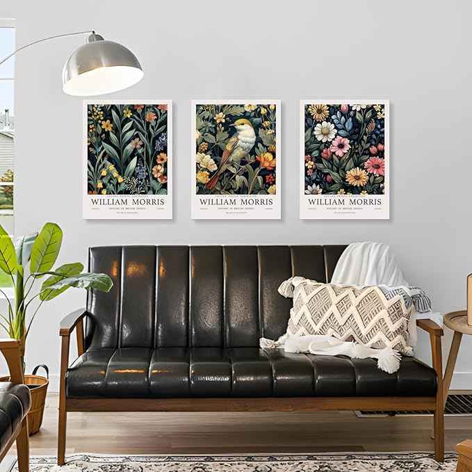 Hianan William Morris Floral Canvas Wall Art, Vintage Botanical Poster Prints, Bright Flower Bird Aesthetic Pictures, William Morris Animal Wall Decor for Living Room Bedroom Framed 12"x16"x3