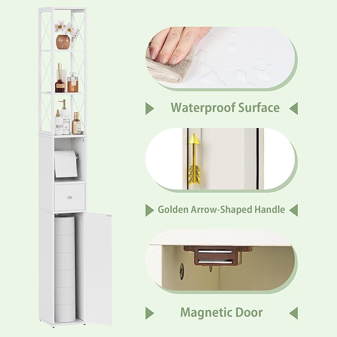 VECELO Tall Narrow Storage Cabinet with X-Frame Metal Design, Slim Freestanding Bathroom Cabinet with Toilet Paper Holder, Magnetic Door & Drawer, for Small Spaces, 7.9" D x 7.9" W x 67" H, White
