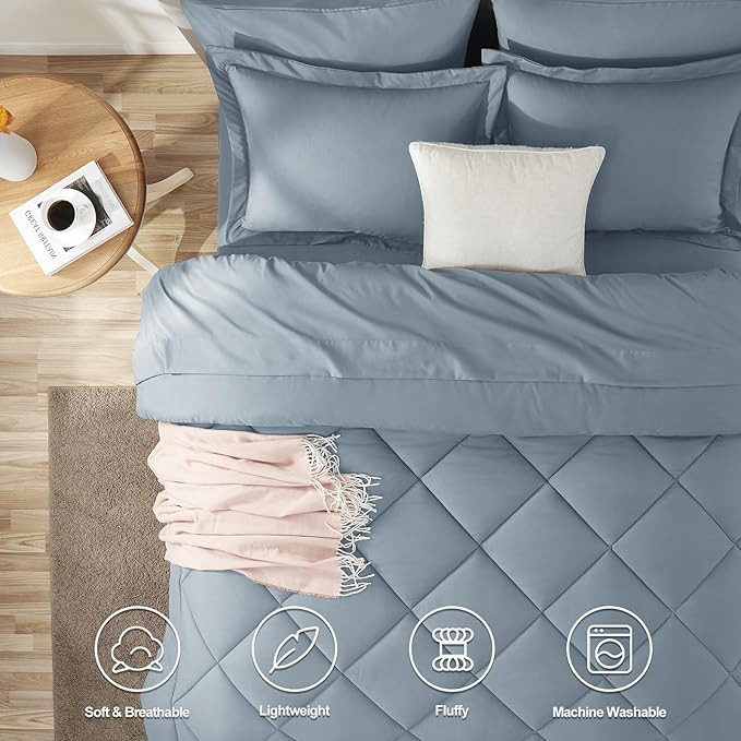 CozyLux Oversized Queen Comforter Set Dusty Blue, 7 Pieces Bed in a Bag Comforter Set with Sheets Luxury Bed Set All Seasons, Bedding Set with Down Alternative Comforter, Sheets, Pillowcases & Shams