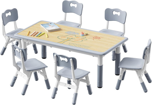 Brelley Kids Table and 6 Chairs Set, Height Adjustable Toddler Desk and Chair Set, Graffiti Desktop, Classroom/Daycare/Home, Children Multi-Activity Table for Ages 2-8