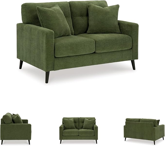 Signature Design by Ashley Bixler Mid-Century Modern Tufted Loveseat with 2 Toss Pillows, Green