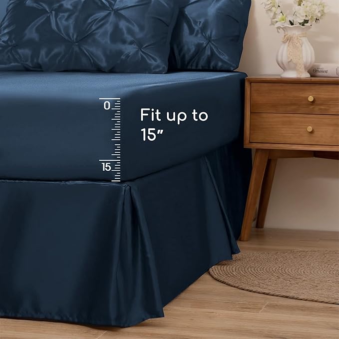 MR&HM Satin Comforter Queen 7 Pieces - Luxurious Pinch Pleat Bedding Set with Comforter, Flat Sheet, Fitted Sheet, Pillowcases & Shams, Super Silky Soft Bed Set for All Season (Queen, Mood Indigo)