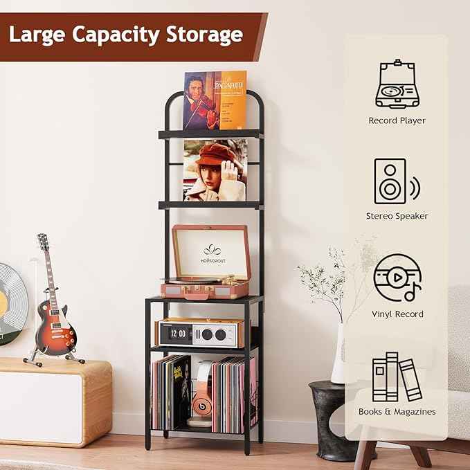 Record Player Stand with Vinyl Storage - 5-Tier Turntable Table with Adjustable Feet, Metal & Wood Cabinet - Console Organizer Display Shelf for Living Room, Apartment