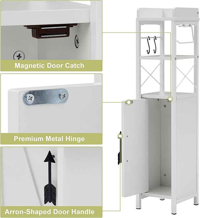 VECELO Small Bathroom Cabinet,Slim Toilet Paper Holder with Door&2 Shelves, Upgraded Narrow Storage Organizer for Restroom Bathroom Tiny Space,Metal Scroll Fenced Top Waterproof Coating,White