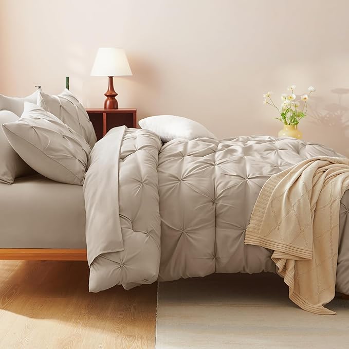 CozyLux Full Size Comforter Sets Wheat, 7 Pieces Pintuck Bed in A Bag Wheat Comforter Full Size, Pinch Pleat Bedding Sets with All Season Comforter, Sheets, Pillowcases & Shams