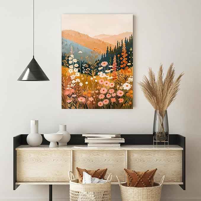Cyebmo Framed Mountain Wildflower Wall Art Set of 3, Sunset Mountain Nature Wall Decor, Colorful Floral Landscape Canvas Prints, Rustic Botanical Artwork for Bedroom Living Room Office 16x24 Inch