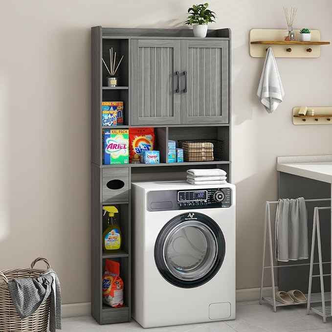 Vabches Over The Toilet Storage Cabinet, Farmhouse Storage Cabinet Over Toilet with Barn Door，Home Space-Saving Toilet Rack for Bathroom, Restroom and Laundry.（Wash Grey）