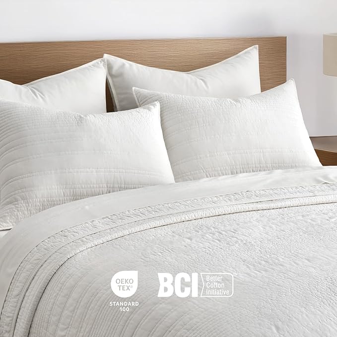 EVERGRACEHOME 100% Cotton Modern Lines Quilt Set Queen Size, Pre-Washed Soft Striped Coverlet Bedspread, 3 Piece Lightweight Bedding Set for All Season, with 2 Pillow Shams, Bright White
