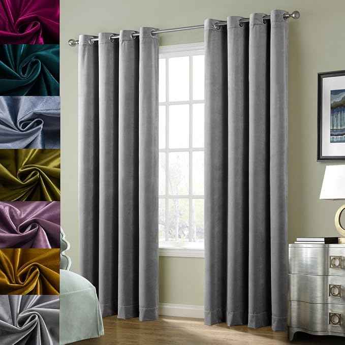 Cherry Home Super Soft Luxury Velvet Smoky Gray Classic Light Blocking Drapes Curtains Panels Home Theater Grommet Drapes Eyelet 52Wx108L inch Light Grey,2 Panels