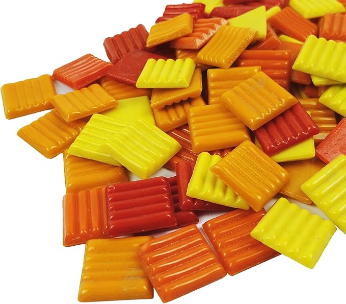 Mosaic Tiles, Glass Mosaic Pieces, 2x2cm Wavy Square Tiles, Mosaic Kits for Adults, Glass Mosaic Tiles forCrafts DIY Art, Frames, Vases Filler, Home Decor, 410g/14.5oz (Red Yellow Orange)