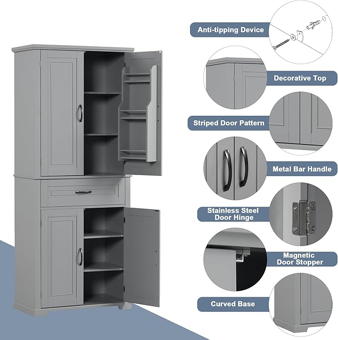 72.2" Storage Cabinet with Doors and Drawers, Tall and Wide Kicthen Pantry Cupboard Home Display Organizer with Door Shelf Rack for Bathroom, Adjustable Shelf, Gray