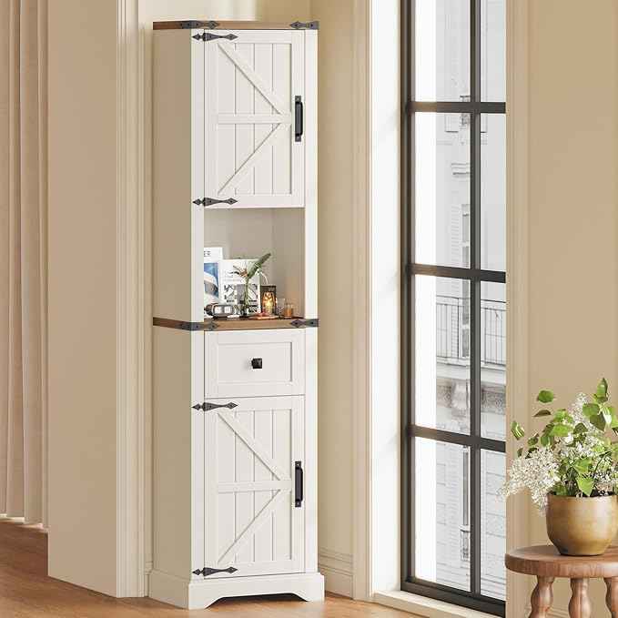 Vabches 66" Tall Farmhouse Bathroom Storage Cabinet with Barn Doors and Drawer, Narrow Storage Unit, Adjustable Shelves & 5-Tier Space, Freestanding Cabinet for Bathroom, Living Room, Kitchen