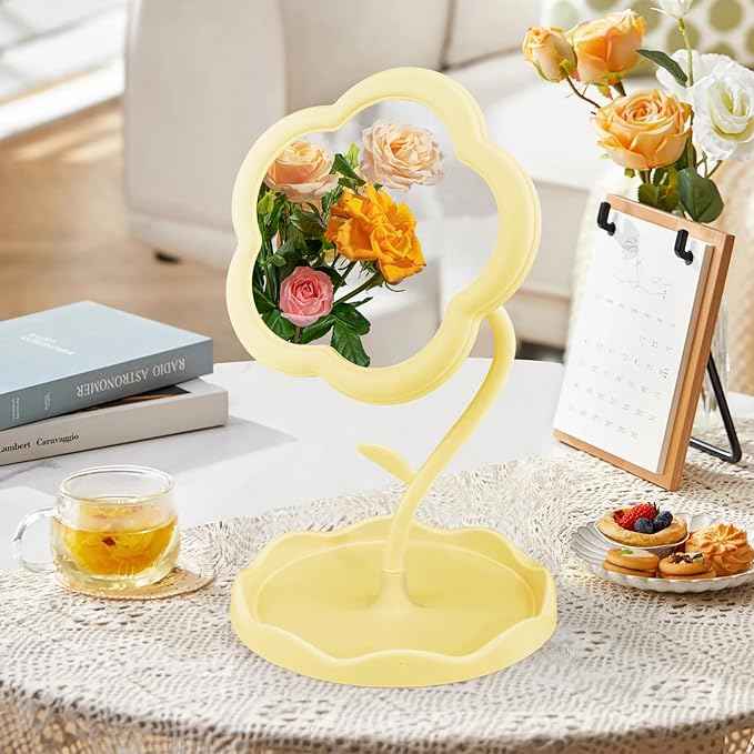 Yellow Desk Vanity Mirror Flower Compact Adjustable Desk Mirror Office Cubicle with Jewelry Tray & Foundation Brush, Cute Makeup Mirror with Standing, Home Decor for Bedroom Living Room Dormitory