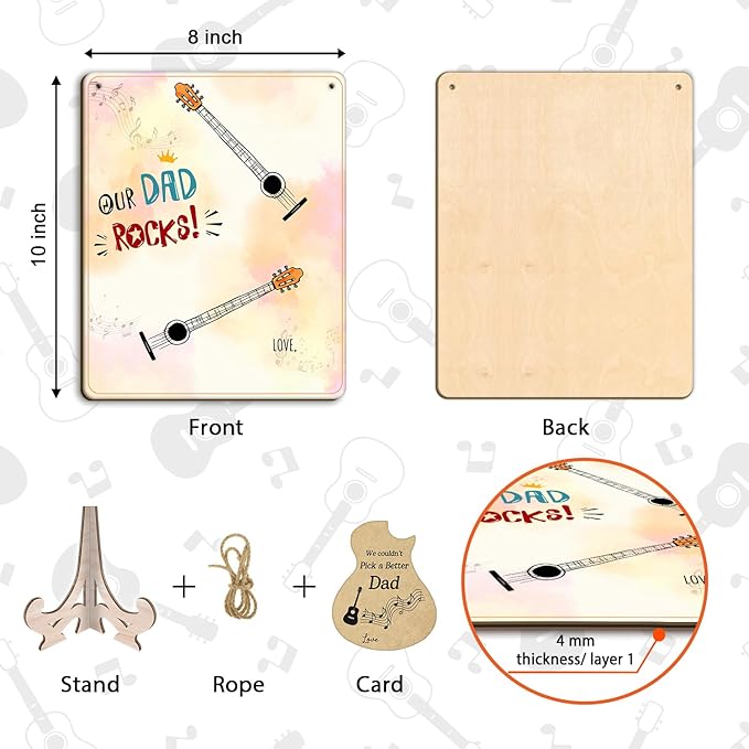 DIY Our Dad Rocks Guitar Craft Plaque Baby Handprint Gifts for Dad Papa Musician Guitar Player, Baby First Fathers Day Art Craft for Guitarist Father, Best Dad Ever Gifts with Kids Handprint Keepsake