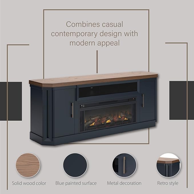 Signature Design by Ashley Landocken Contemporary 83" TV Stand with Electric Fireplace for TVs up to 95", Blue & Light Brown