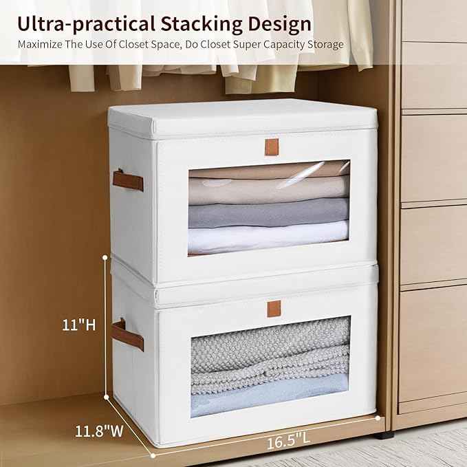 Large Clothing Storage Bins - Collapsible Boxes with Handles & Window, Decorative Organizer Bins with Lids, Fabric Containers for Living Room, Dorm, 2 Pack, White