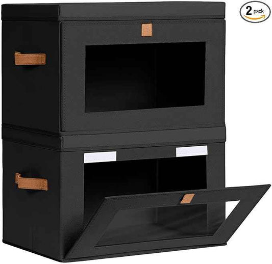Collapsible Storage Bins - Large Stackable Organizer Bins, Decorative Boxes with Handles & Window, Fabric Containers for Living Room, Closet, Dorm, 2 Pack, Black