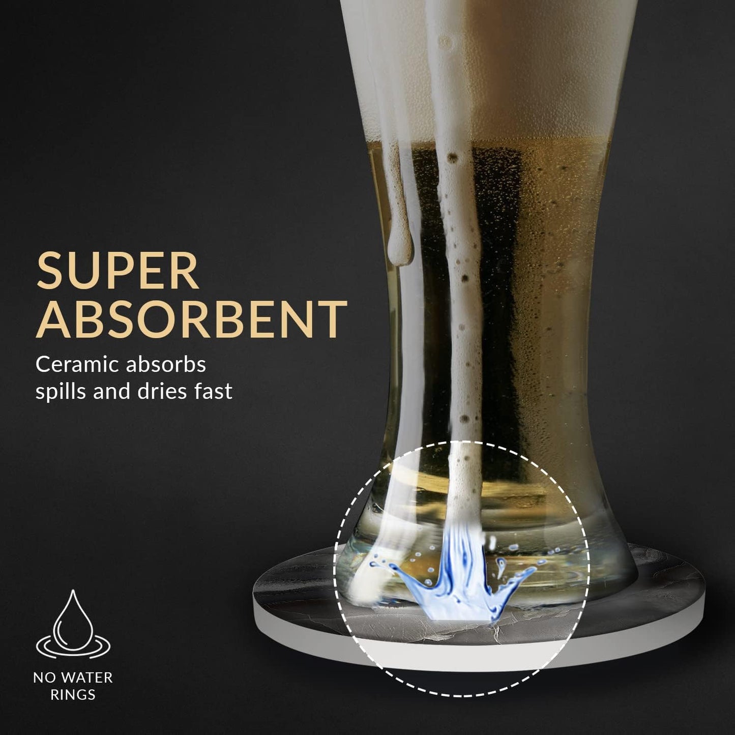 Emerson Essentials Coasters for Drinks Absorbent with Holder, Set of 6, Cork Backing Ceramic Stone Marble Style for Wooden Coffee Bar Tables, Glass Tabletop Non Slip, with Stand