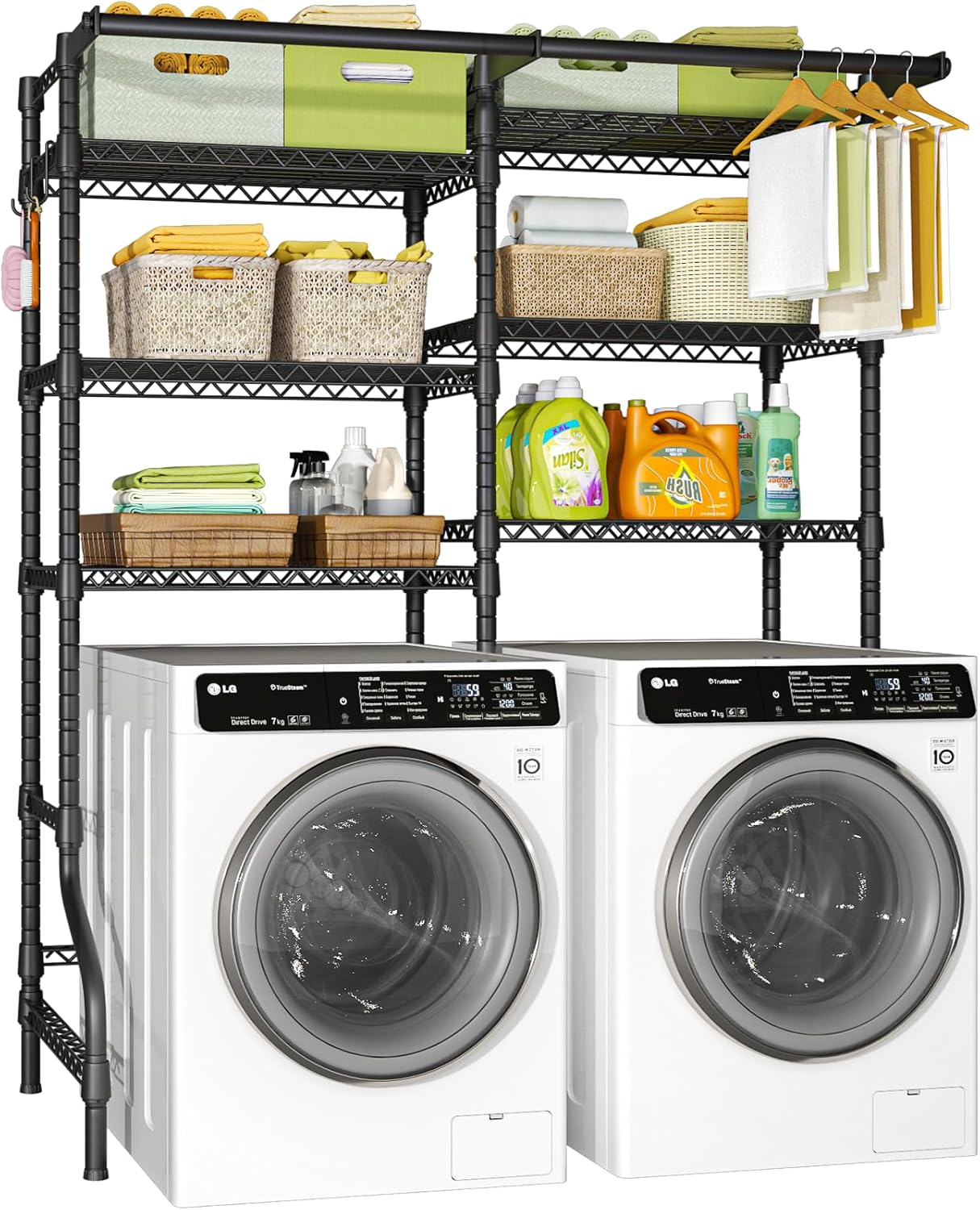 Ulif U13 Medium Over Washer and Dryer Storage Shelves, 6 Tiers Laundry Room Standing Shelf with 2 Hanger Rods, Space Saver Clothes Drying Rack, 57.8" W x 22" D x 77.4" H, Black