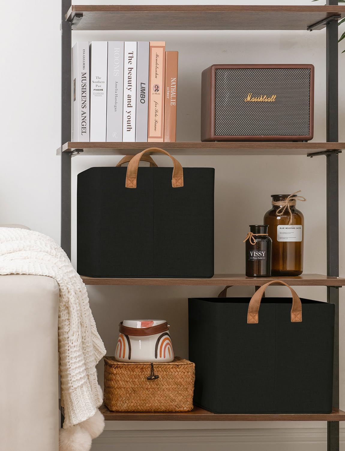 StorageWorks Storage Bins, Fabric Storage Bins for Shelves, Large Storage Baskets with Metal Frame, Closet Baskets and Bins with Handles, Black, 2-Pack