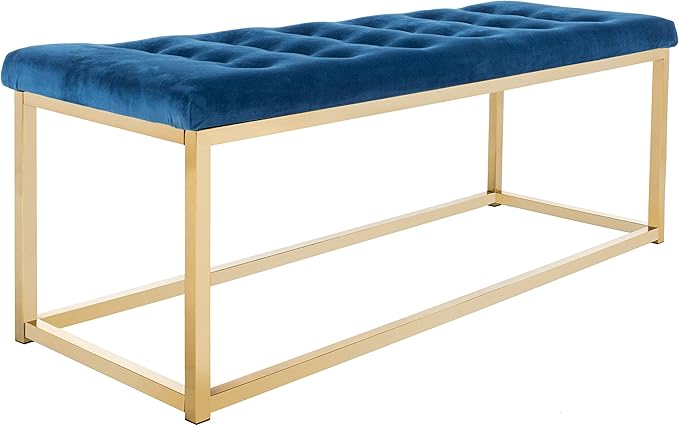 SAFAVIEH Home Collection – Reynolds Navy Tufted Upholstered Accent Bench, Modern Parsons-Style Open Frame Bench with Brass Legs for Bedroom, Entryway or Living Room (FOX6225G)