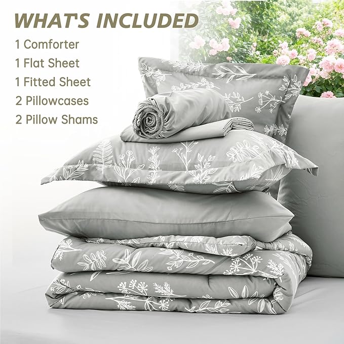 MUXHOMO Silver Grey Bed in a Bag King 7 Pieces, King Comforter Set Reversible Botanical Flowers Design, Ultra Soft & Breathable Bedding Sets with Comforter, Sheets, Pillowcases & Shams