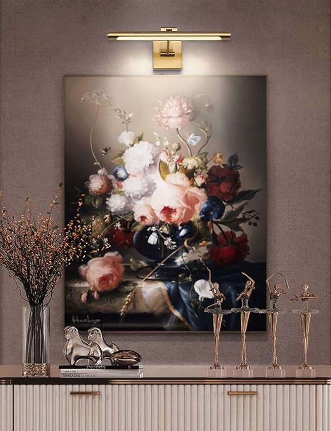 LED Picture Light Fixtures 16.54 Inches, Modern Metal Artwork Wall Lamps with Single Swing Arm, 9W (50W Eqv.), Hardwired Connection, Non-Dimmable, 3000K Warm White, CRI80+, Golden-Like Brass Finish