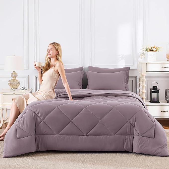 CozyLux Full Size Comforter Sets Dusty Purple - 7 Pieces Bed in a Bag Full, Soft Bed Set for All Seasons, Bedding Set with Down Alternative Comforter, Sheets, Pillowcases & Shams, Grayish Purple