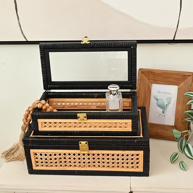 Black Rattan Decorative Storage Boxes with Glass Lids – Set of 2 Cane Weave Display Cases with Solid Wood Base – Nesting Coffee Table Organizer for Remotes, Jewelry & Keepsakes