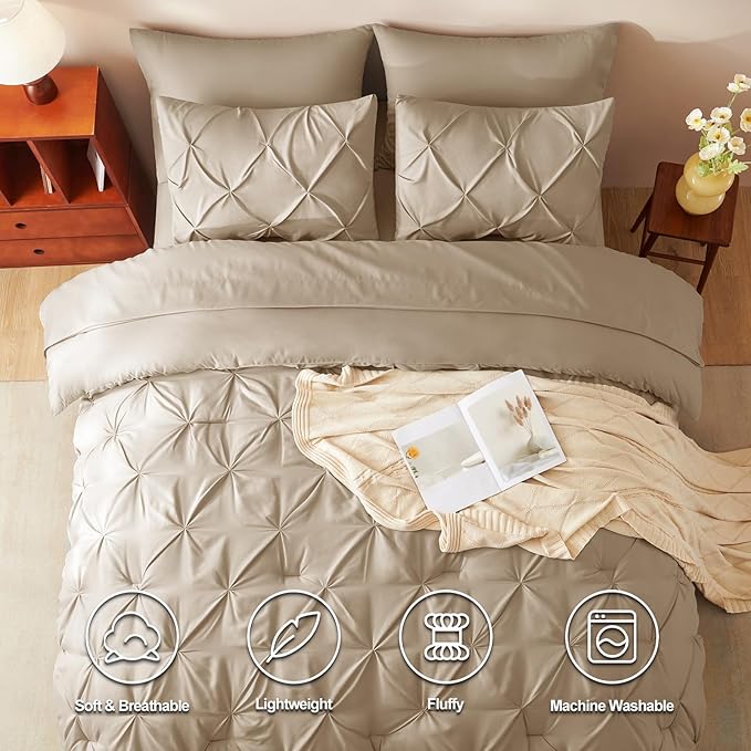 CozyLux Full Size Comforter Sets Taupe, 7 Pieces Pintuck Bed in A Bag Taupe Comforter Full Size, Pinch Pleat Bedding Sets with All Season Comforter, Sheets, Pillowcases & Shams