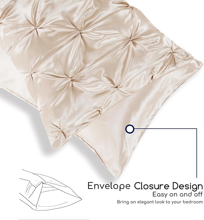 MR&HM Satin Comforter King 7 Pieces - Luxurious Pinch Pleat Bedding Set with Comforter, Flat Sheet, Fitted Sheet, Pillowcases & Shams, Super Silky Soft Bed Set for All Season (King, Beige)
