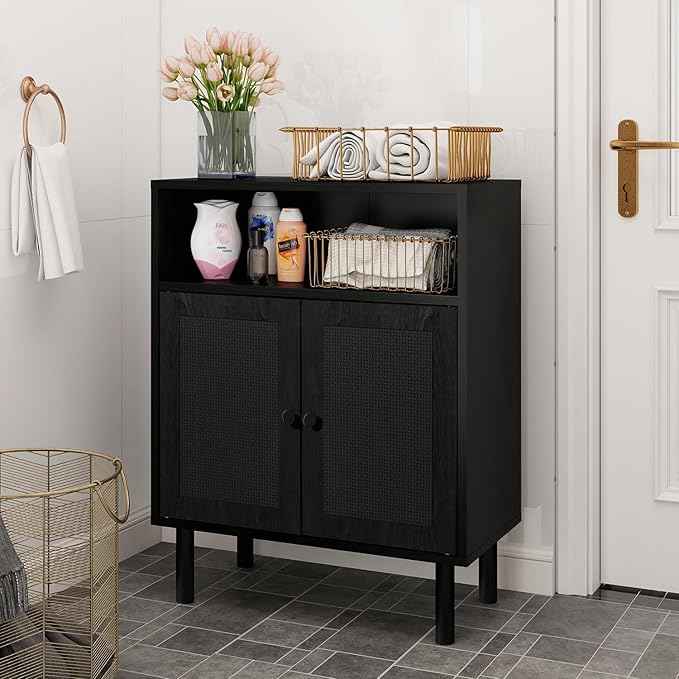 Rattan Storage Cabinet, Boho Accent Cabinet with Double Doors, Small Freestanding Sideboard for Hallway, Laundry Room,Kitchen, Dining Room, Entryway (Black)