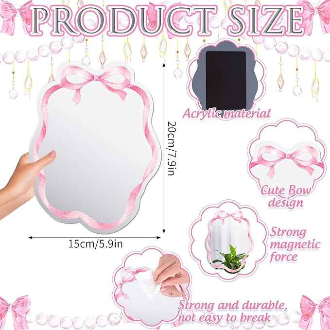 JarThenaAMCS Pink Bow Magnetic Locker Mirror with Magnetic Backing 7.9 x 5.9 Inch Coquette Acrylic Makeup Mirror for Home Dorm Office Bathroom Cabinet Decor