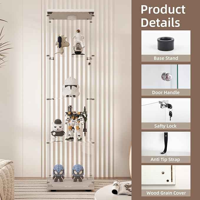 Beauty4U Glass Display Cabinet with LED Light, 4 Shelves, Curio Cabinets for Living Room, Bedroom, Office, White Floor Standing Glass Bookshelf, Quick Installation
