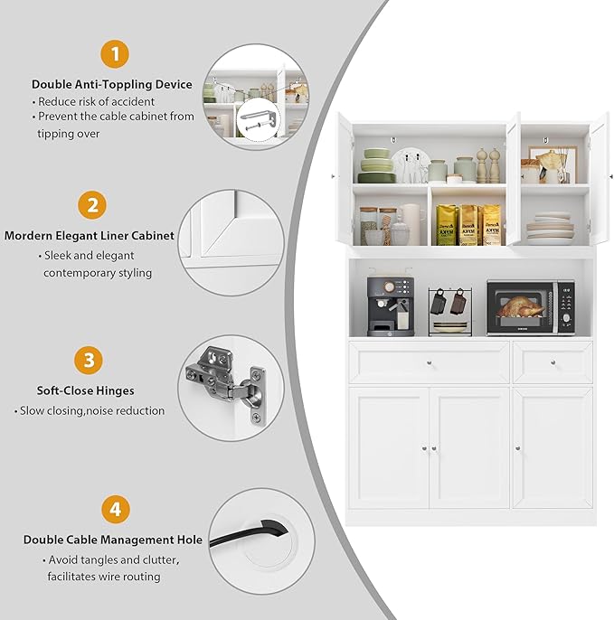 72" Kitchen Pantry Cabinet, Kitchen Hutch with Microwave Stand, Buffet Cabinet with Hutch for Dining Room, White
