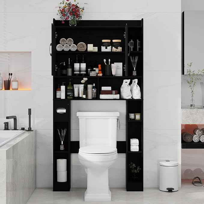 Vabches Over The Toilet Cabinet, Double Doors Bathroom Shelf Organizer with Toilet Paper Holder Stand and Open Storage Shelf, Small Freestanding Space Saver for Restroom, Bathroom, Laundry, Black