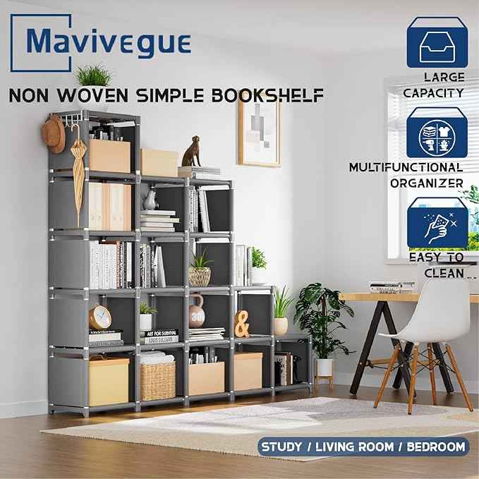 Mavivegue Bookshelf,18 Cube Storage Organizer,Extra Large Book Organizer,Tall Bookcase Shelf,Book Cases/Shelves,Grey Cube Shelf,Cubbies Closet Shelves for Bedroom,Living Room,Home,Office