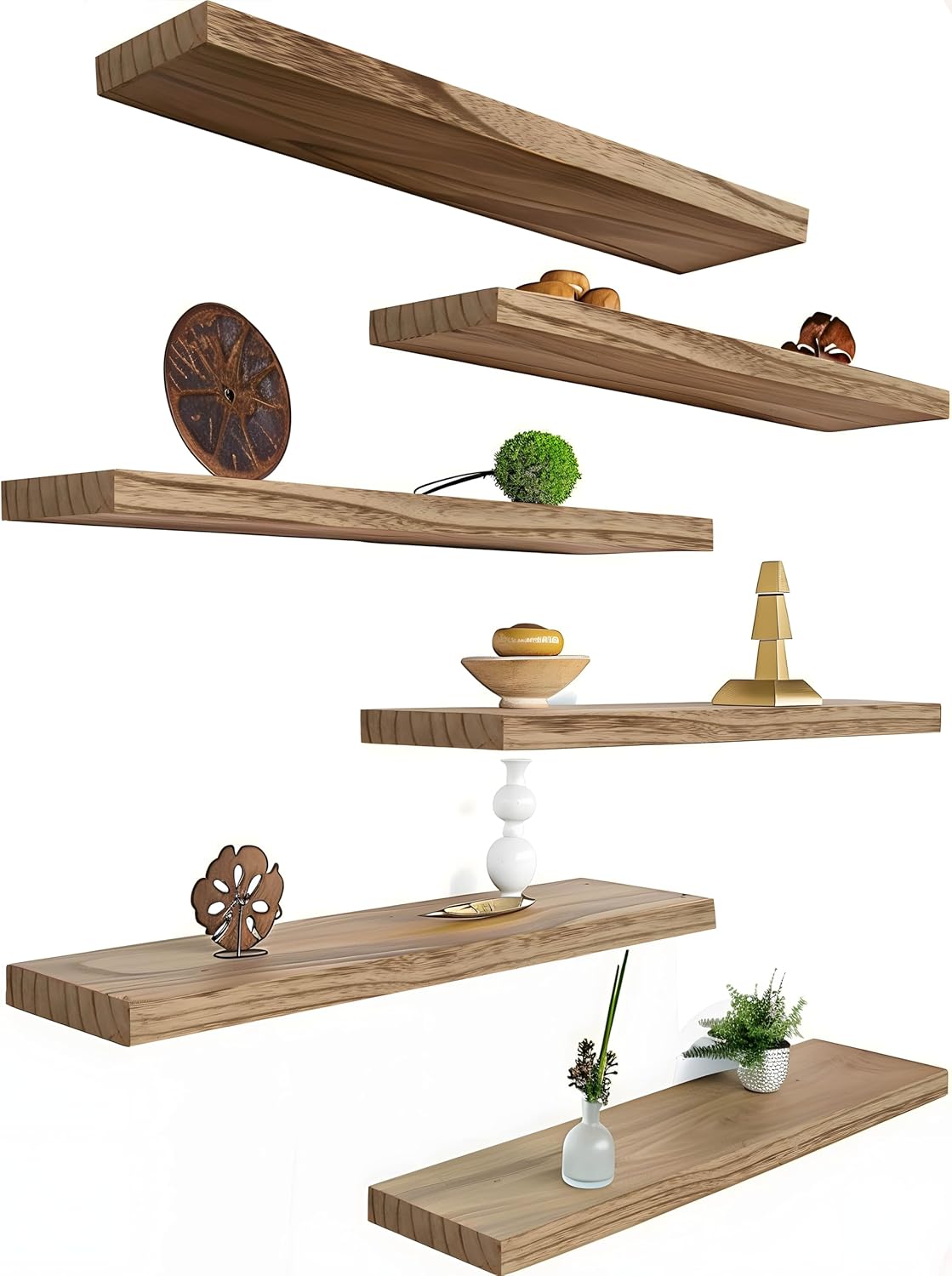 Wood Floating Shelves for Wall Decor, Rustic Wall Shelves for Bedroom Bathroom Kitchen Living Room, Set of 6 Light Walnut - Décor Diaries