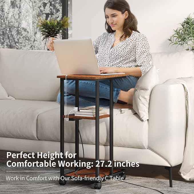 C Shaped End Table - C Table on Wheels - Bedside Table with Wheels, Power Outlet and USB - Sofa Table for Living Room, Bedroom, Small Spaces - 27.2'' High, Brown
