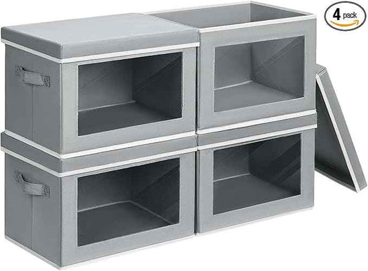 Storage Bins with Lids - Small Fabric Organizers with Window, Collapsible Storage Bins for Clothes, Decorative Closet Organizers for Towels, Tshirt, 4 Pack, Grey